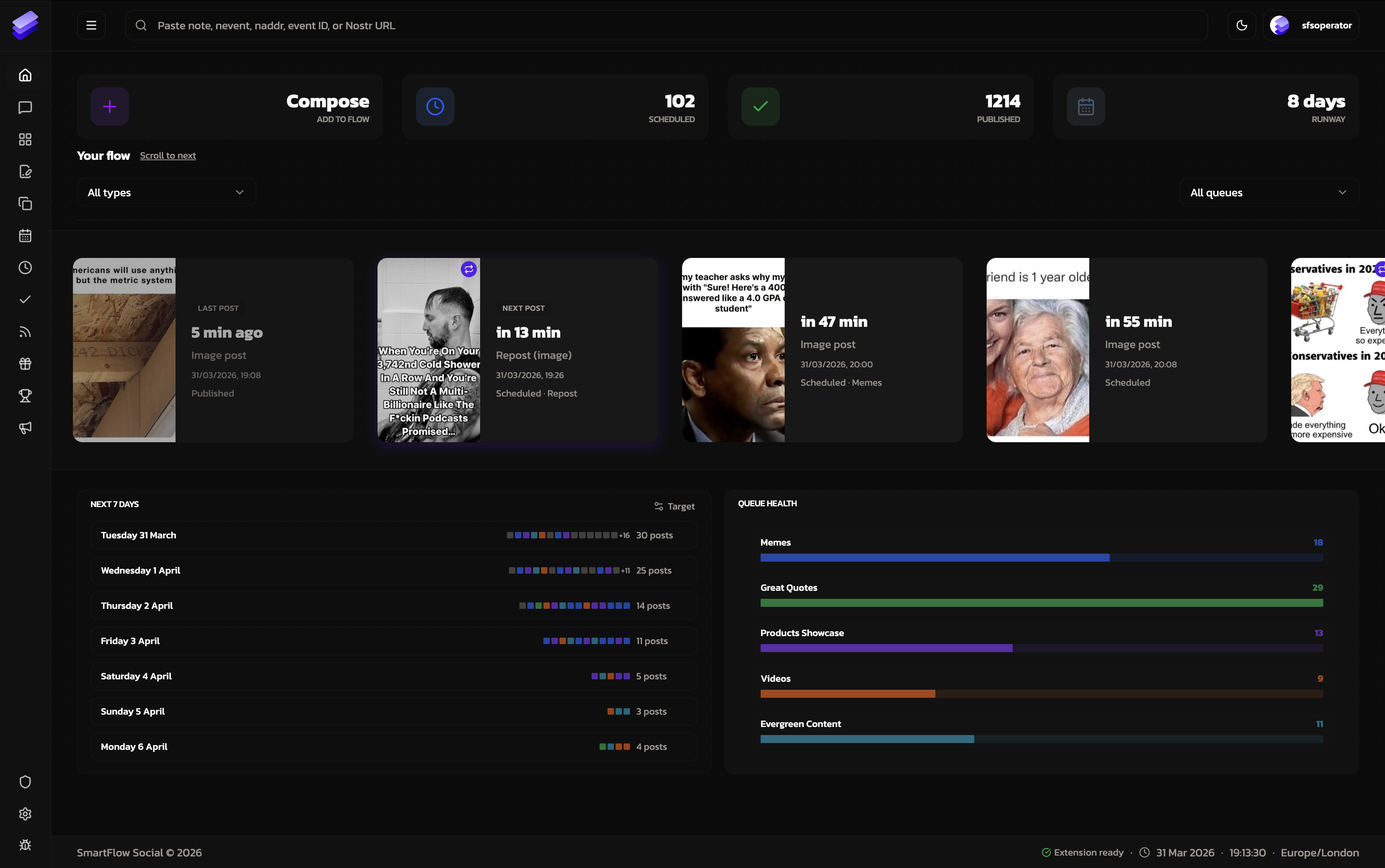 SmartFlowSocial dashboard - flow, runway, and queue health