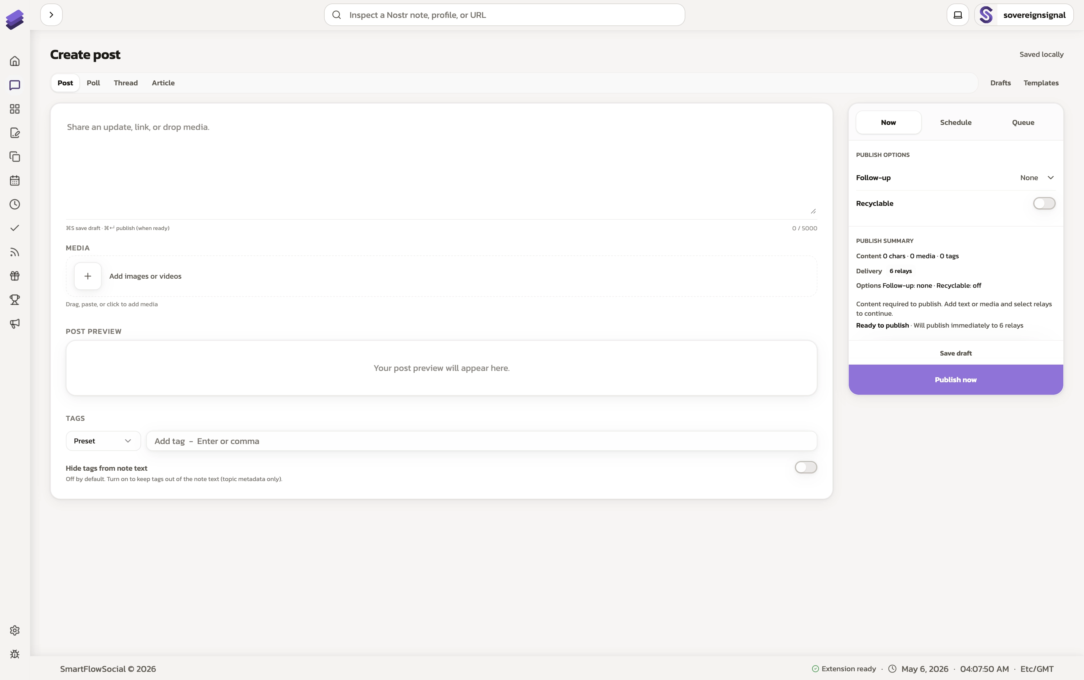 SmartFlowSocial composer with tabs, editor, and scheduling, queue, and follow-up controls