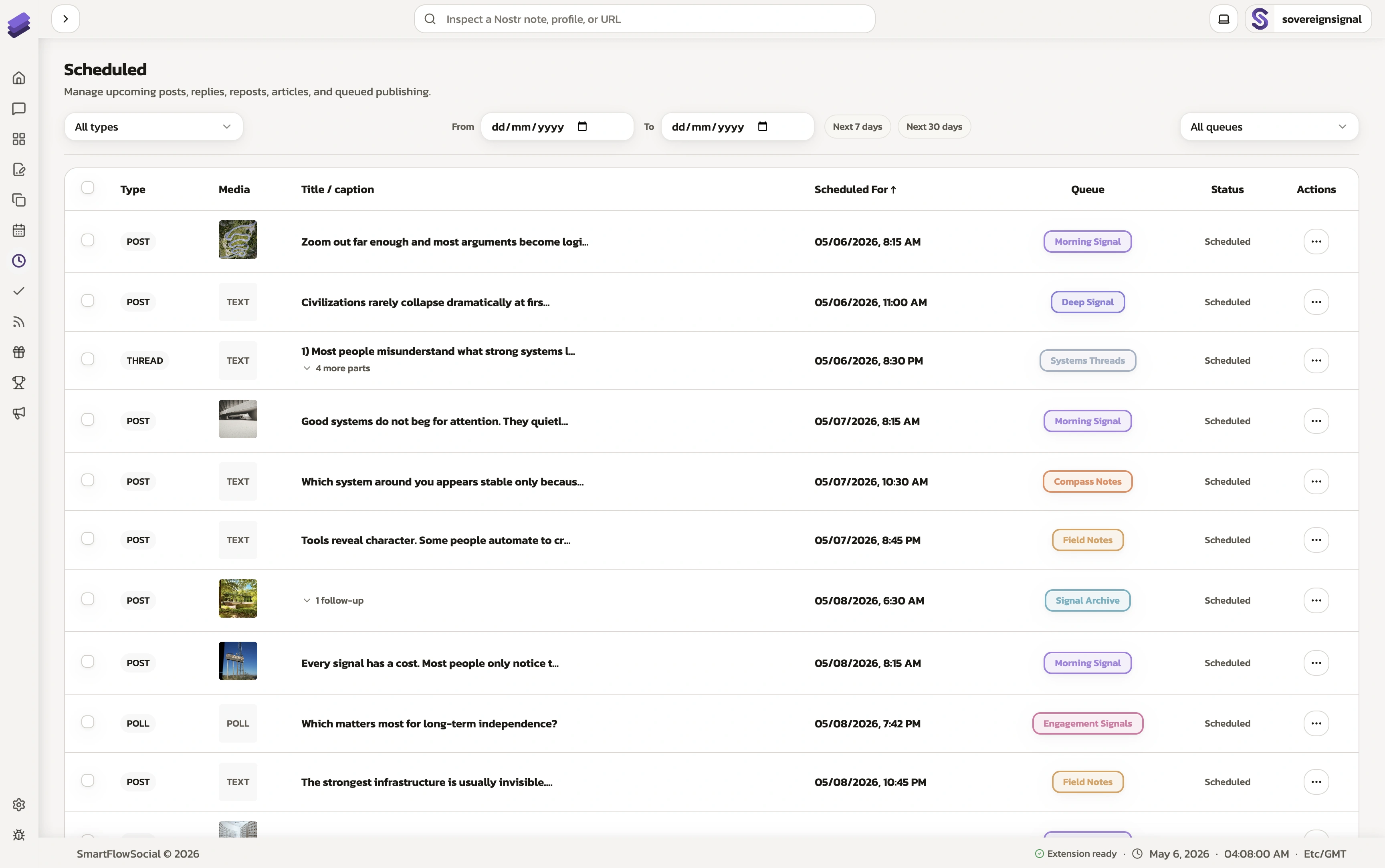 SmartFlowSocial Scheduled page listing upcoming posts with bulk edit and rescheduling