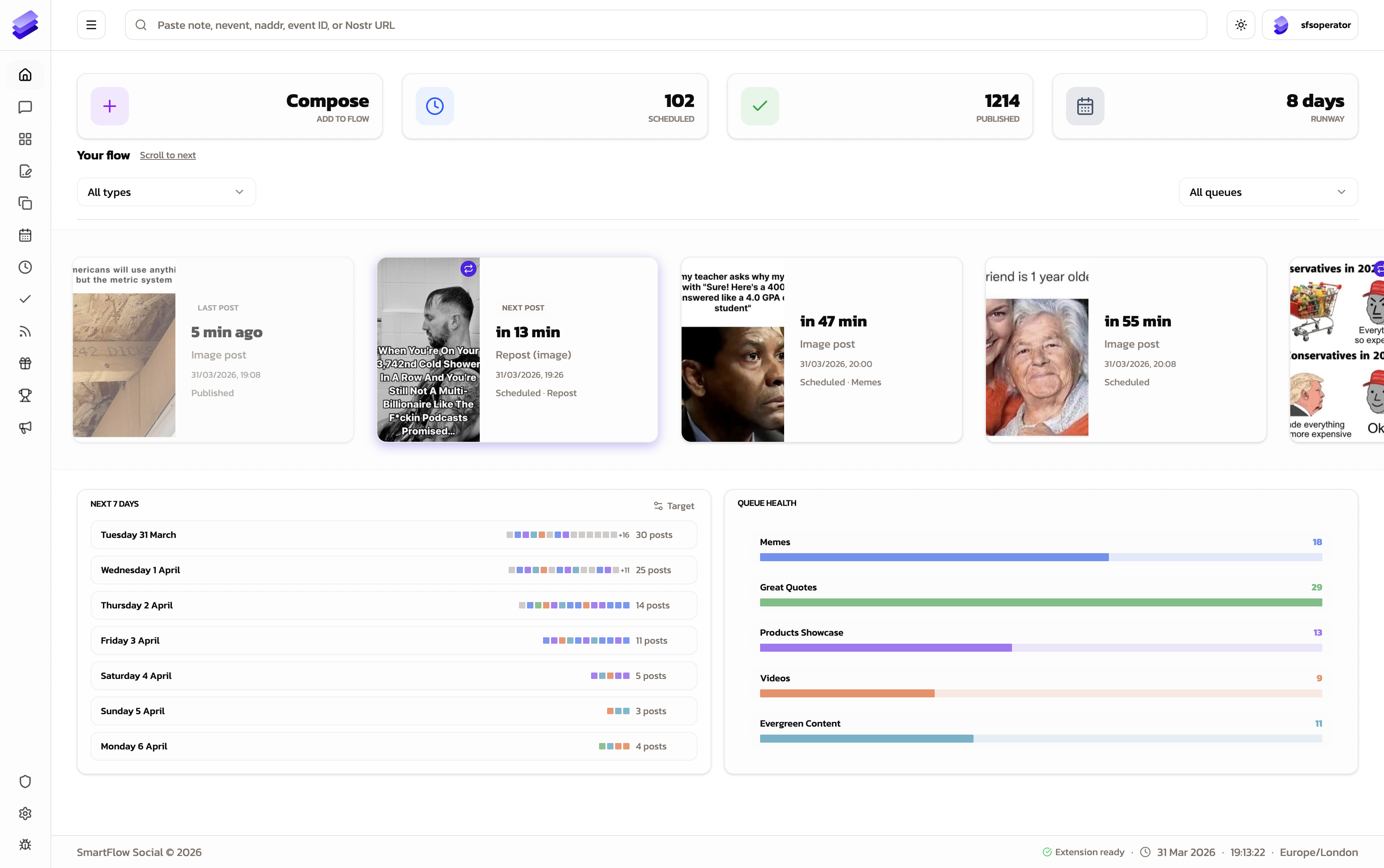 SmartFlowSocial dashboard - flow, runway, and queue health